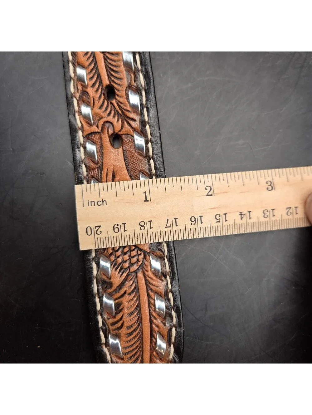 TANDY Western Leather Belt Mens 36 Brown Hand Tooled Floral Silver Studded 1.5in